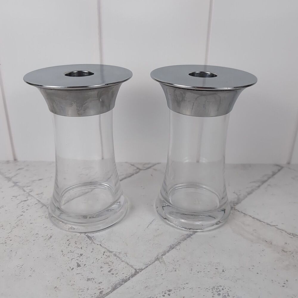 Lauren Ralph Lauren Ella Chrome & Clear Glass Taper Candle Holders Set Of Two